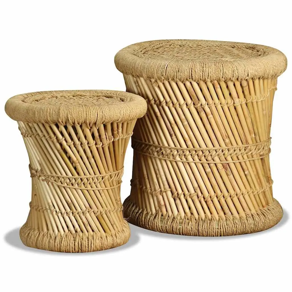 Set of 2 Brown Bamboo and Jute Stools for Indoor/Outdoor