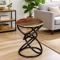 Vintage Solid Reclaimed Wood End Table with Iron Frame
