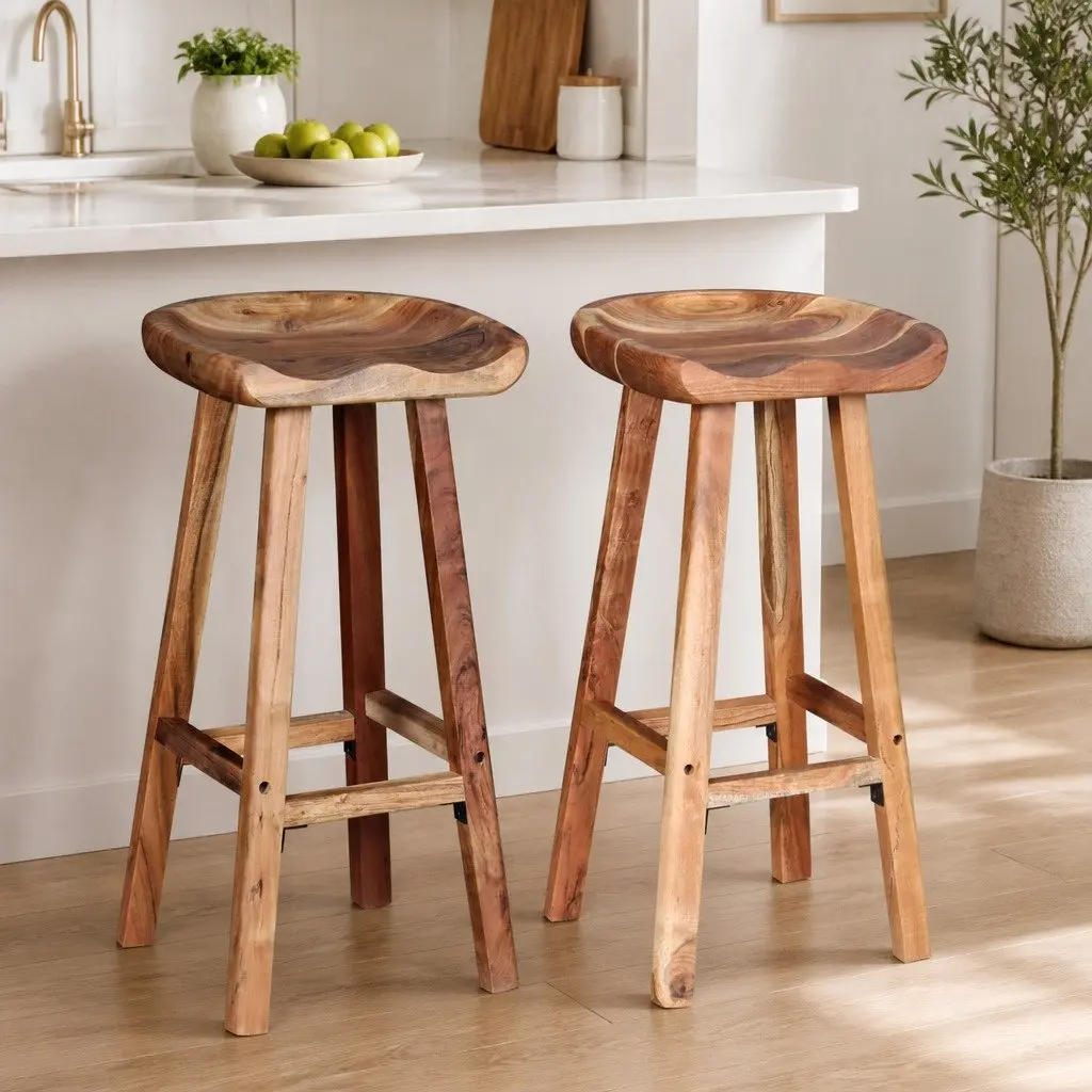 Bar Stools Solid Acacia Wood Brown Handmade Kitchen Counter Seating 2 Piece