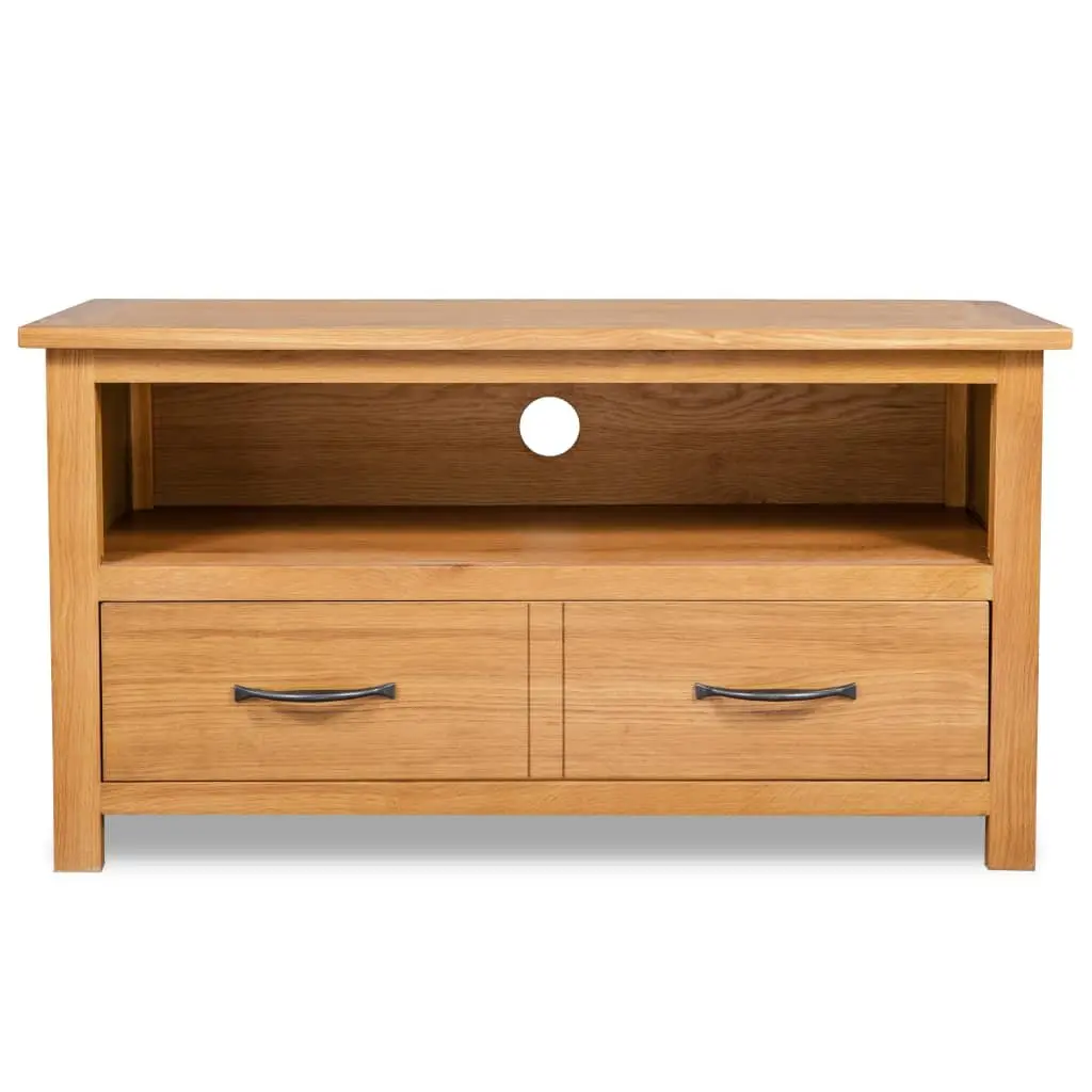 TV Cabinet Solid Oak 90 x 35 x 48 cm Brown Open Compartment Drawer Storage Living Room Furniture