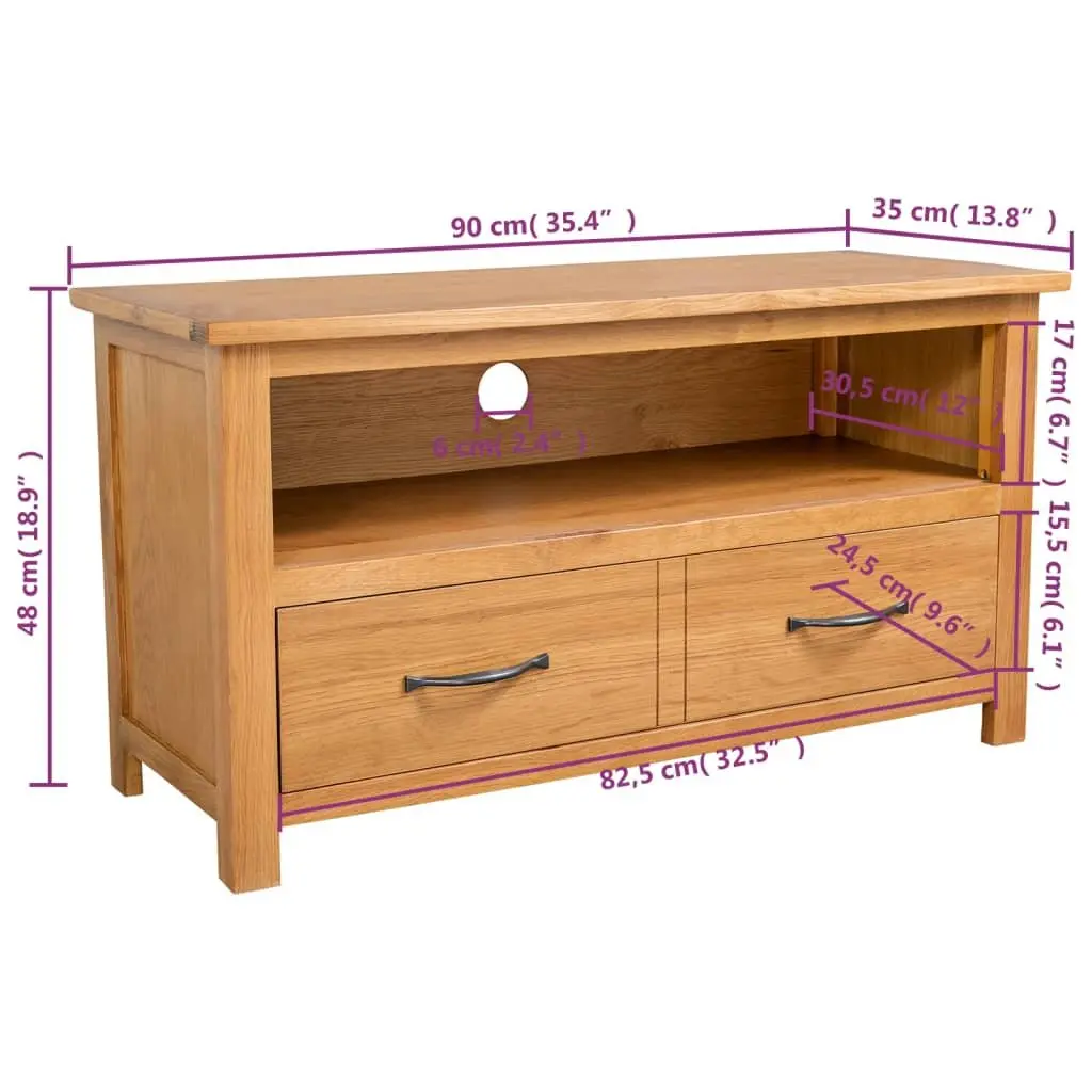 TV Cabinet Solid Oak 90 x 35 x 48 cm Brown Open Compartment Drawer Storage Living Room Furniture
