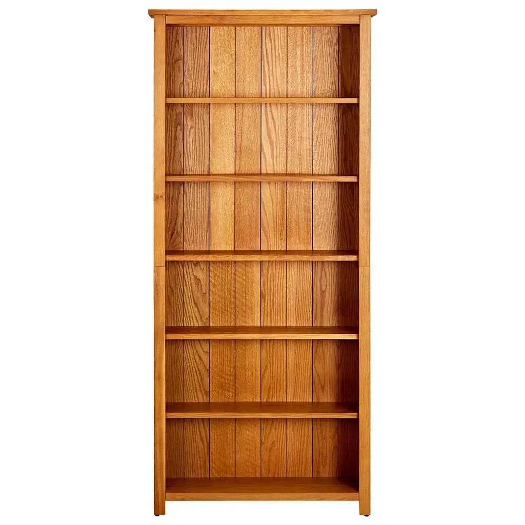 6 Tier Bookcase Solid Oak Wood Brown Vertical Storage Display Unit