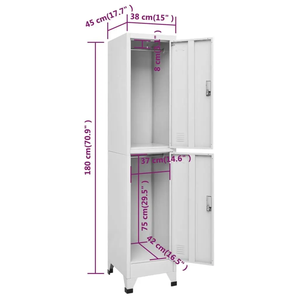 Locker Cabinet Steel 38W x 45D x 180H cm Grey 2 Compartments