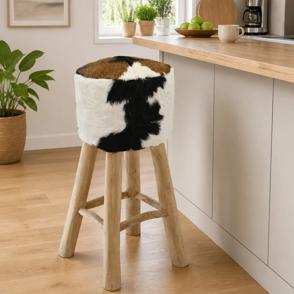 Rustic Bar Stool with Goat Leather and Teak Frame