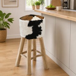 Rustic Bar Stool with Goat Leather and Teak Frame