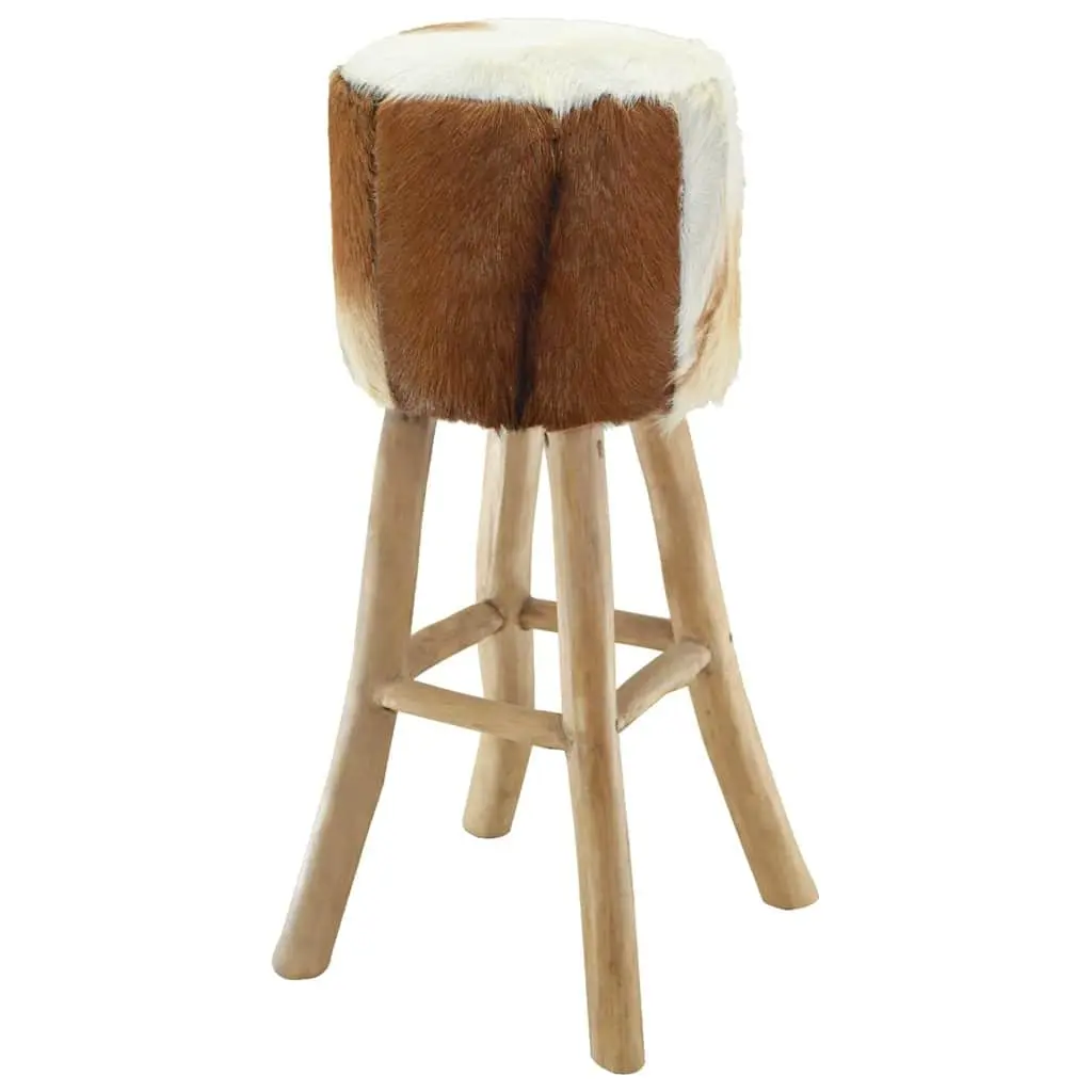 Rustic Bar Stool with Goat Leather and Teak Frame