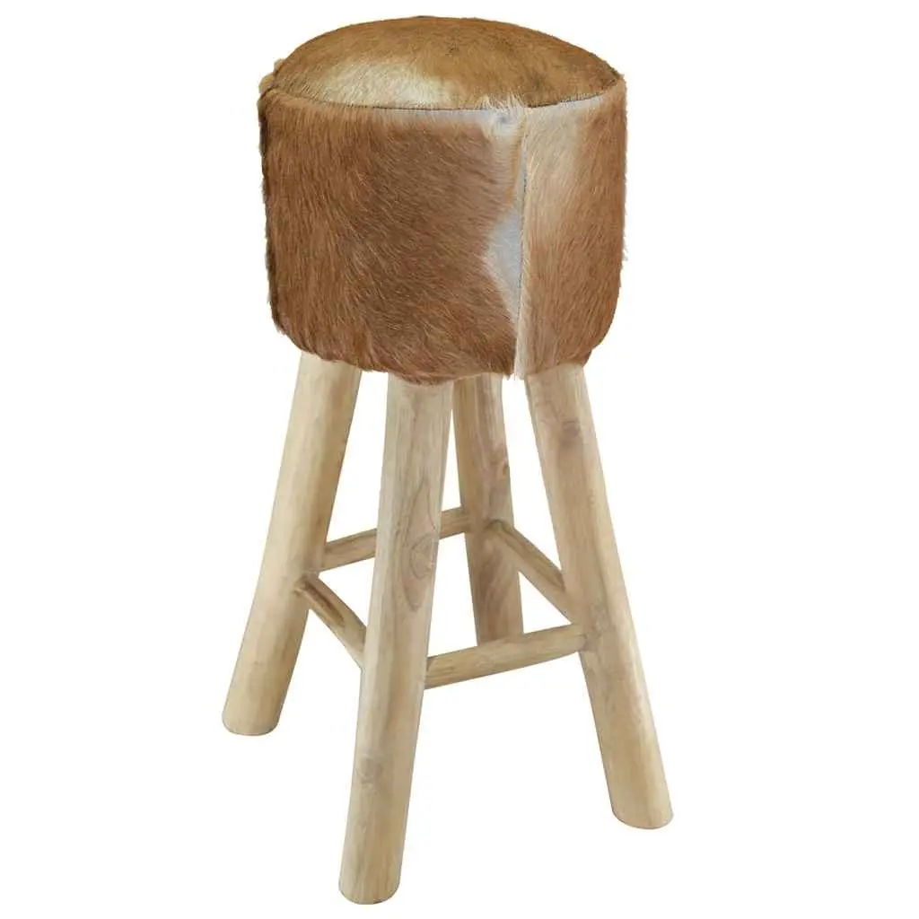 Rustic Bar Stool with Goat Leather and Teak Frame