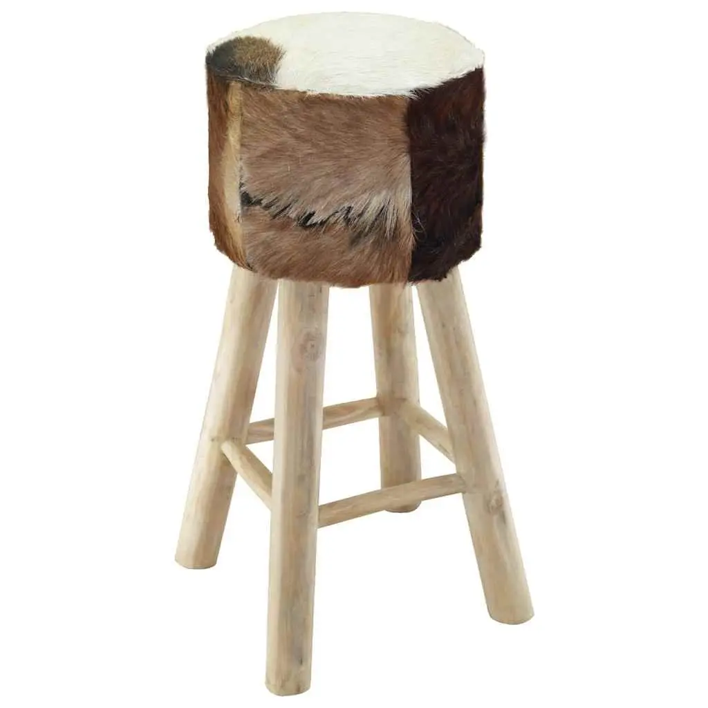 Rustic Bar Stool with Goat Leather and Teak Frame