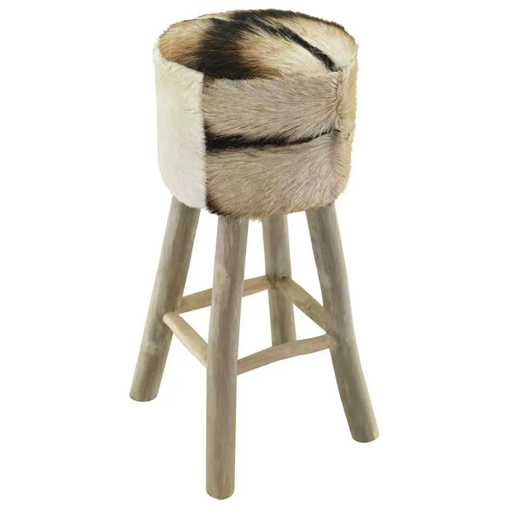 Rustic Bar Stool with Goat Leather and Teak Frame