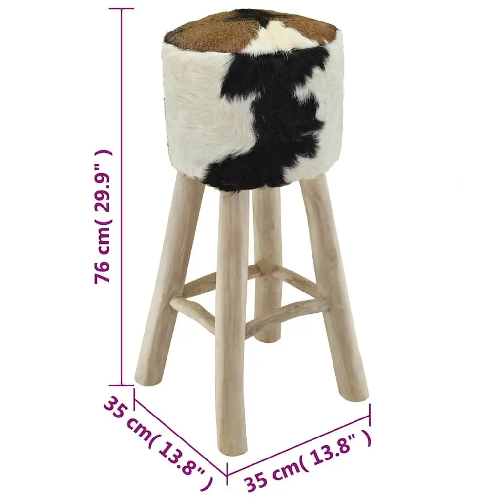 Rustic Bar Stool with Goat Leather and Teak Frame