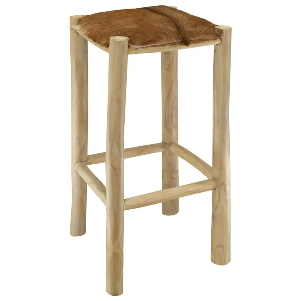 Rustic Brown Bar Stool with Goatskin Leather Seat