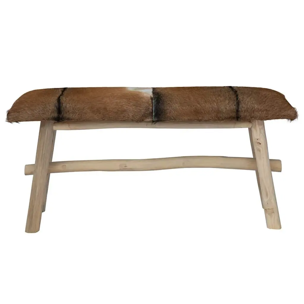 Goat Leather Bench Teak Frame Multicolour Storage Entryway Living Room Furniture