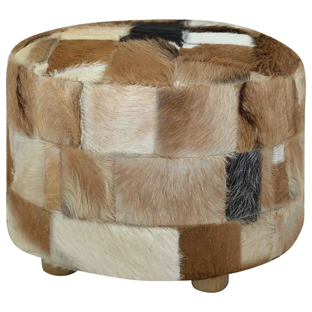 Round Pouffe Goat Leather 50cm Multicolour Ottoman Seat Stool