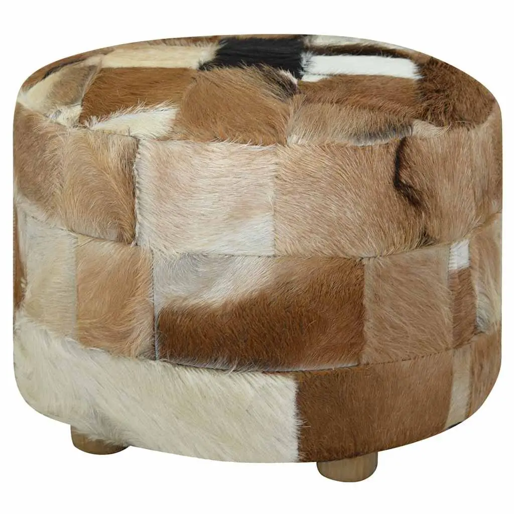 Round Pouffe Goat Leather 50cm Multicolour Ottoman Seat Stool
