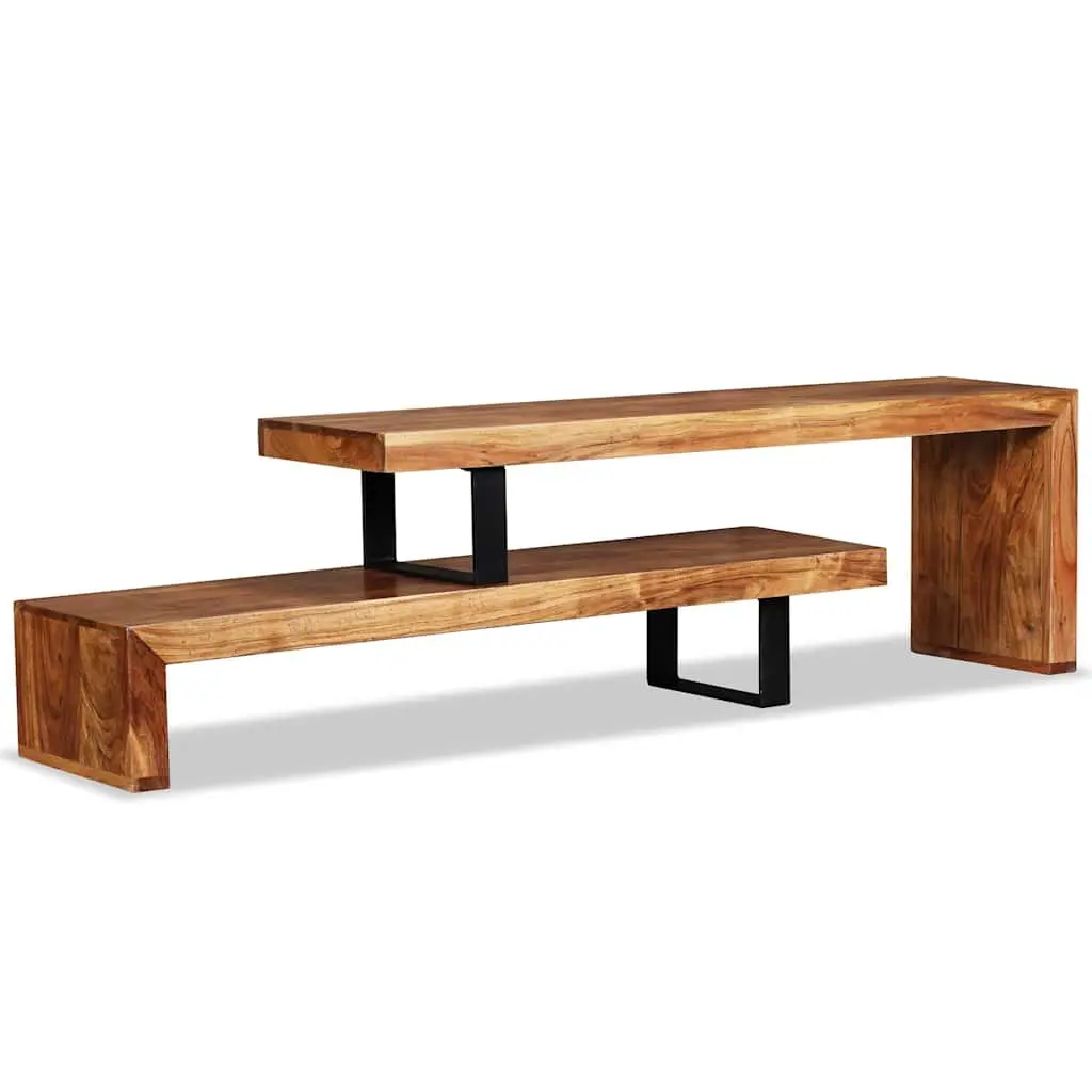 Wooden TV Stand Solid Acacia Wood 2-Tier Stackable Cabinet Brown Retro