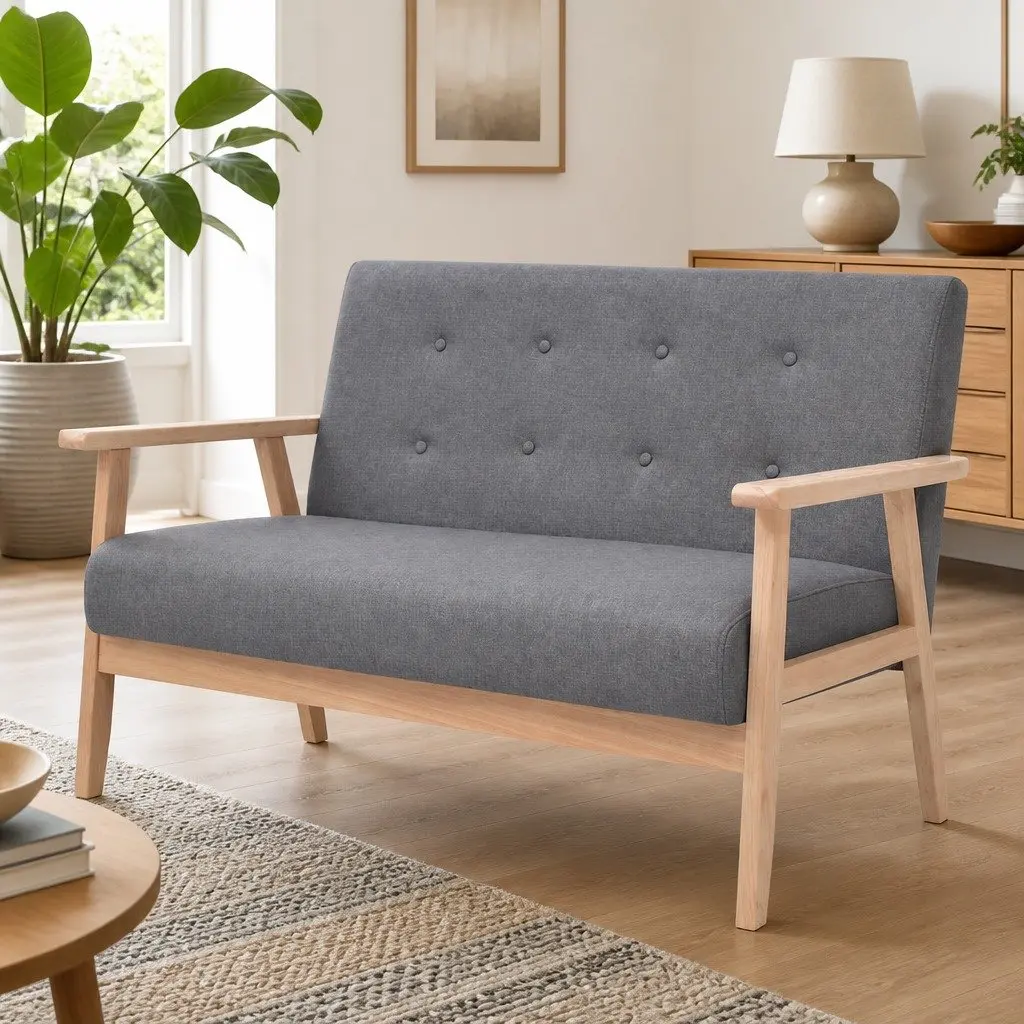 Grey Upholstered 2-Seater Sofa with Solid Frame