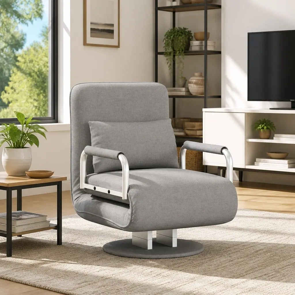 Convertible Chair Recliner Sofa Bed Grey Fabric Swivel Lounge