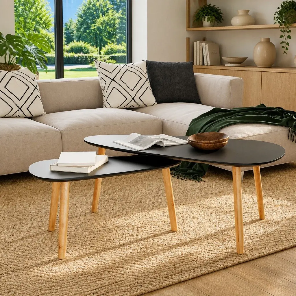 Coffee Table Set Solid Pinewood MDF 2 Pieces Black