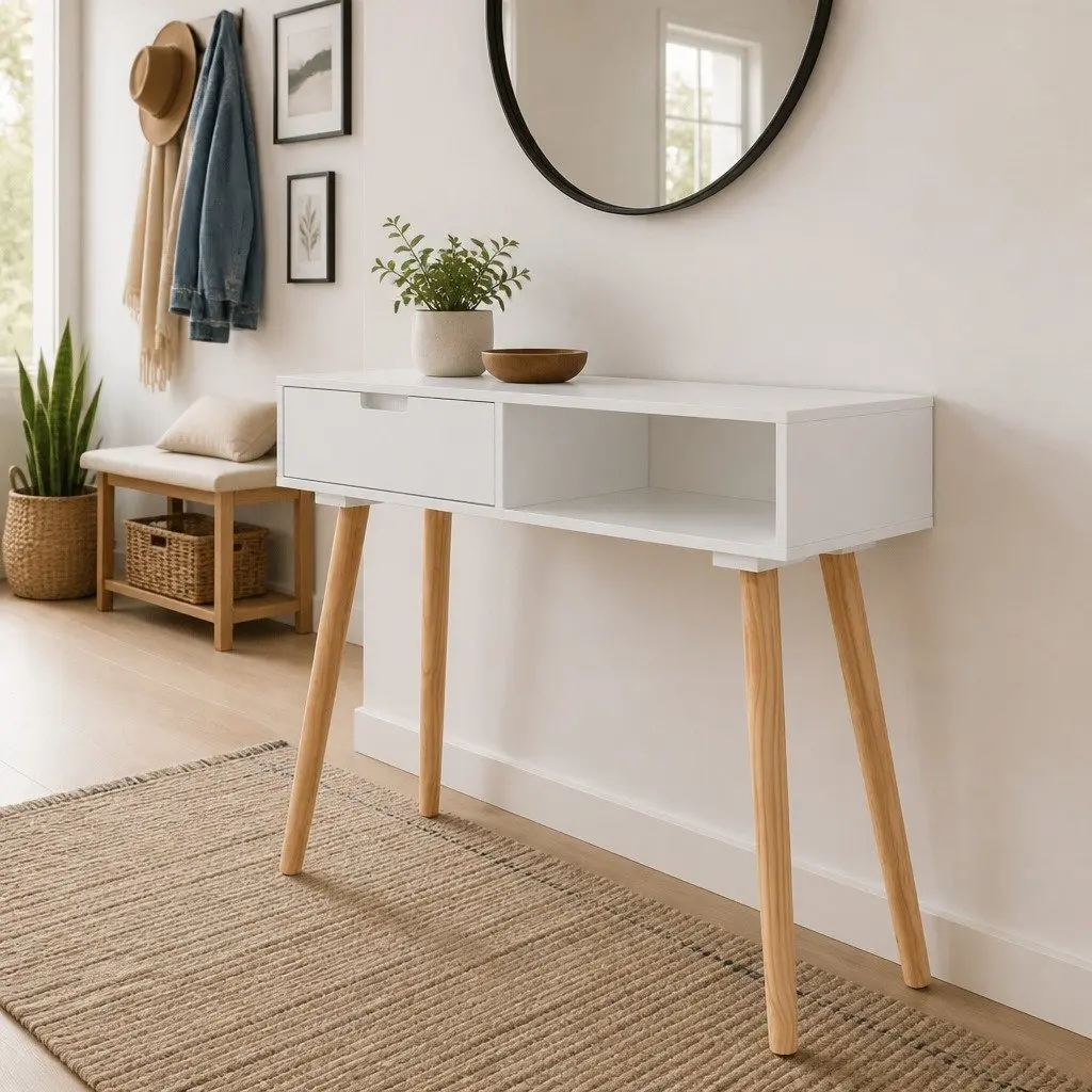 Solid Pinewood Console Table with Storage Drawer