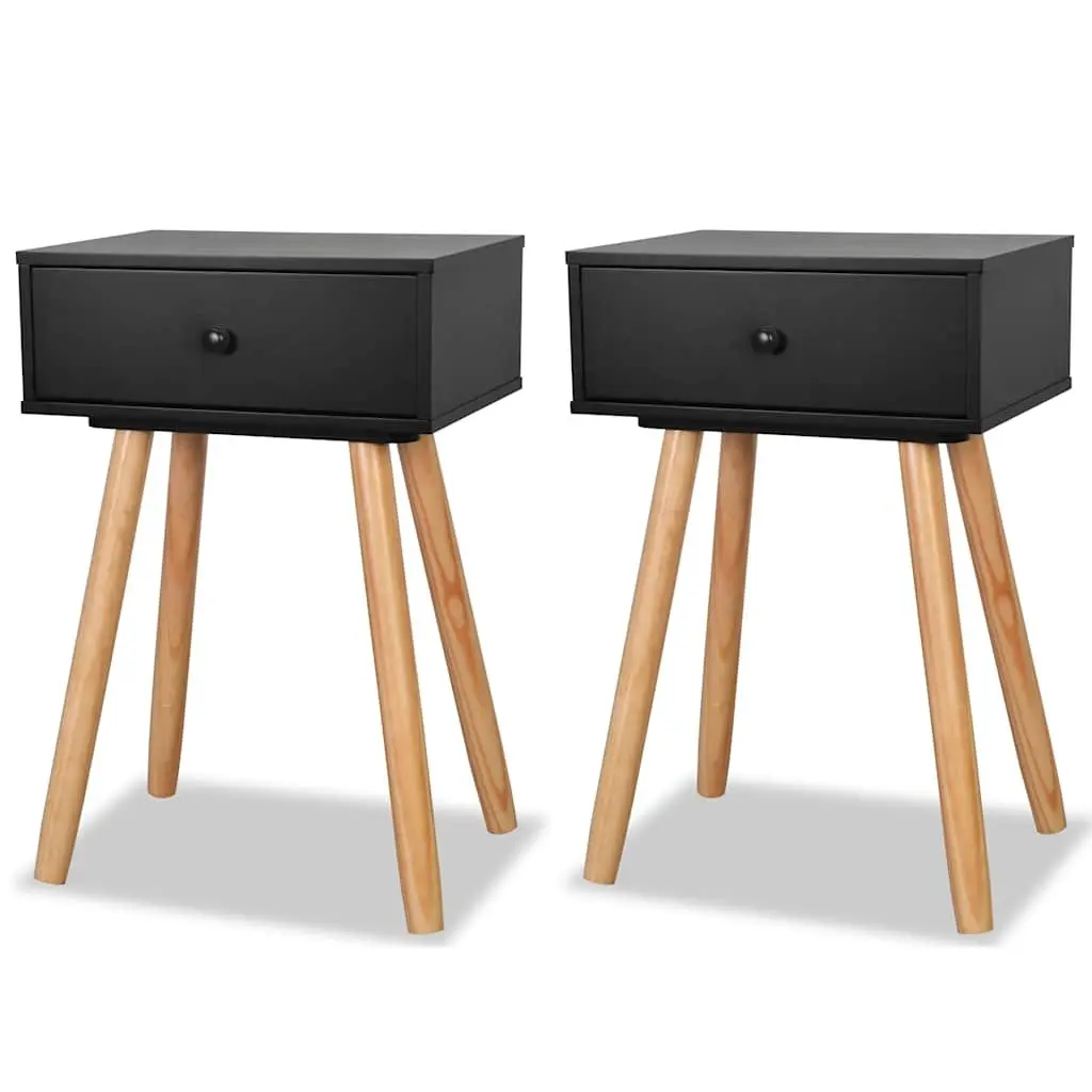 Bedside Tables 2 pcs Solid Pinewood Nightstands Black Bedroom Furniture Drawers