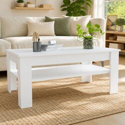 White Coffee Table with Storage Drawer Lower Shelf Modern Design Living Room