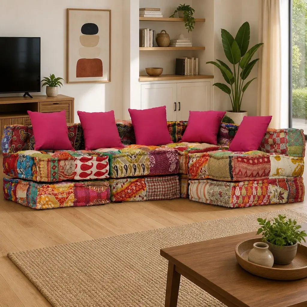 Convertible 4-Seater Modular Pouffe with Patchwork Fabric