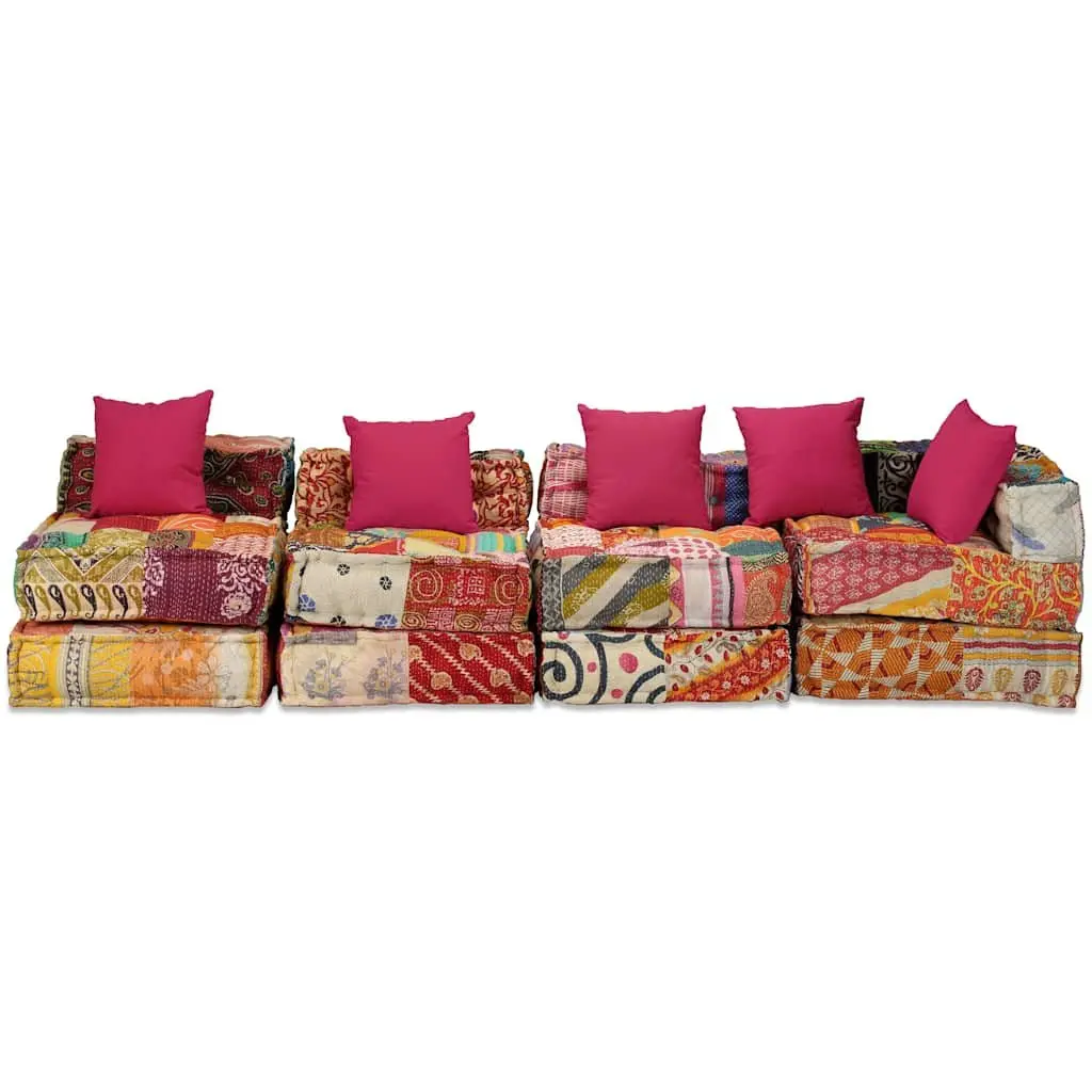 Convertible 4-Seater Modular Pouffe with Patchwork Fabric