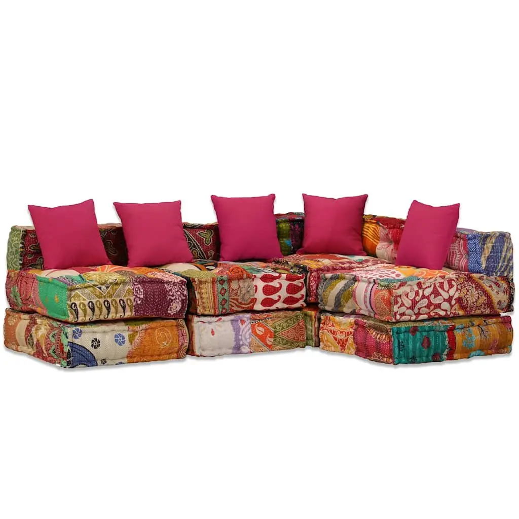 Convertible 4-Seater Modular Pouffe with Patchwork Fabric