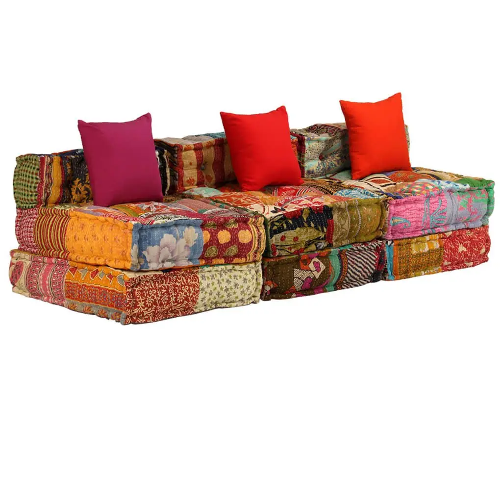 3-Seater Modular Pouffe Patchwork Multicolour Convertible Sofa Bed Lounger