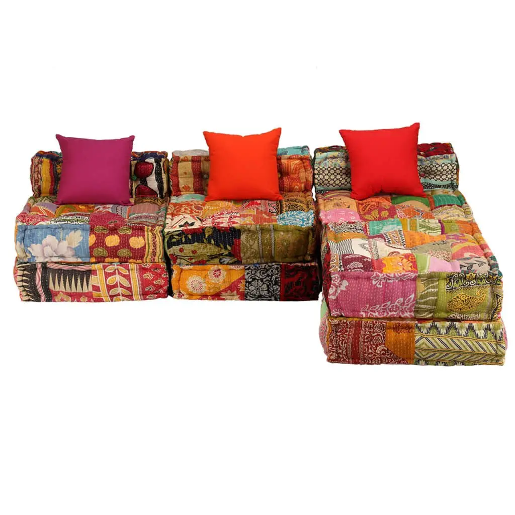 3-Seater Modular Pouffe Patchwork Multicolour Convertible Sofa Bed Lounger