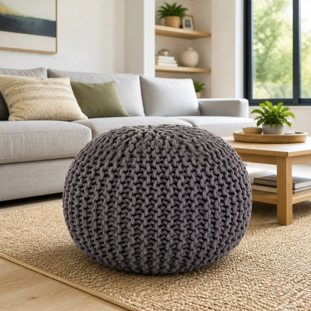 Hand-Knitted Pouffe Cotton Grey 50x35cm Footstool