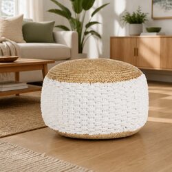 Stylish Woven Pouffe Footstool Ottoman in White 50x35cm