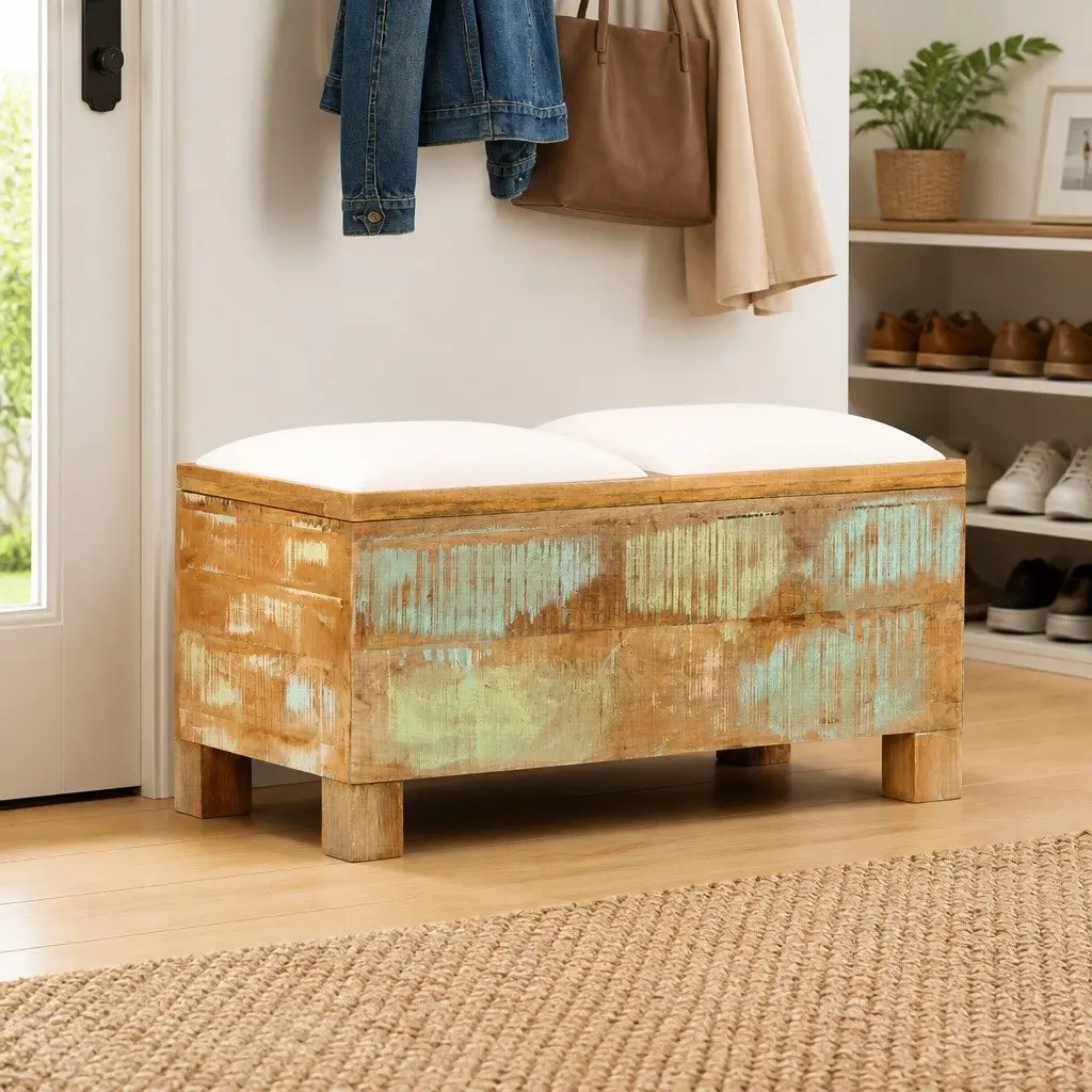 Storage Bench Solid Reclaimed Wood Retro Seating Entryway Furniture Brown