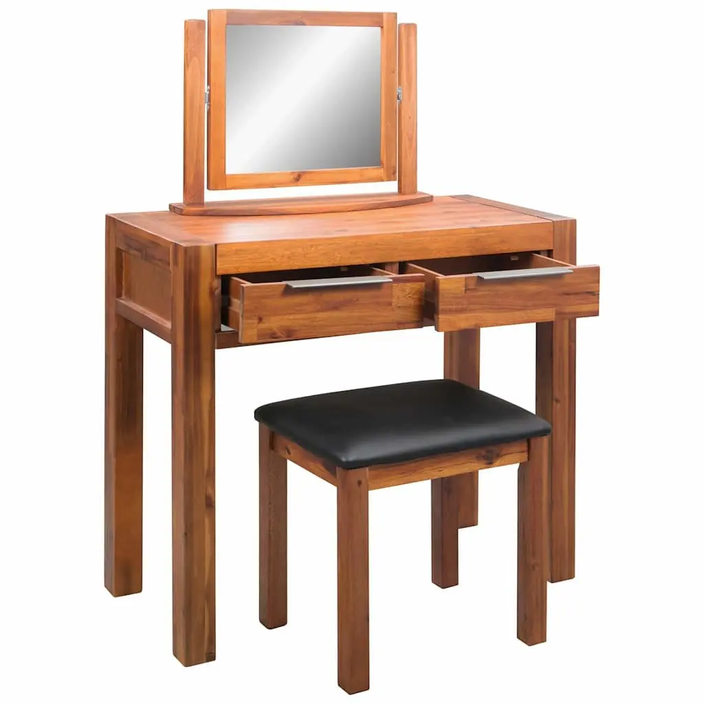 Solid Acacia Wood Dressing Table with Mirror and Stool