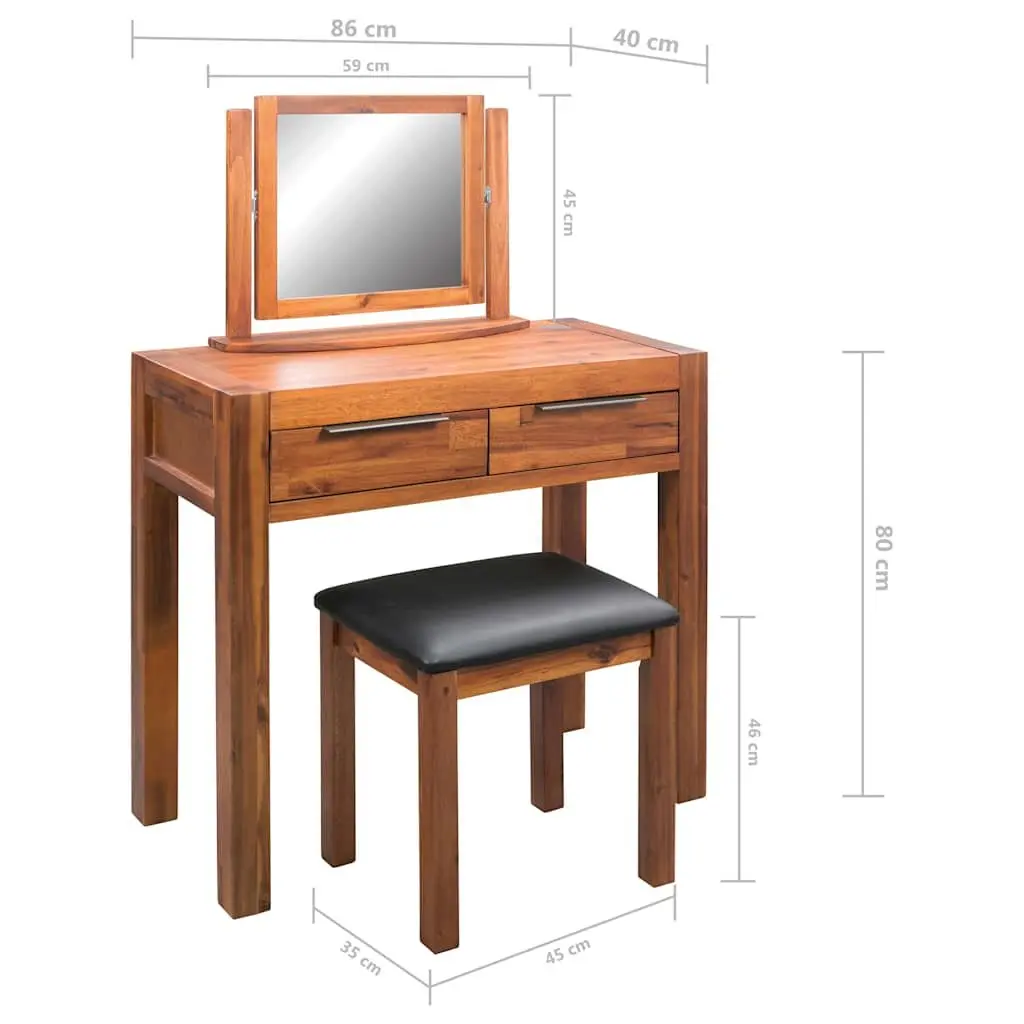 Solid Acacia Wood Dressing Table with Mirror and Stool