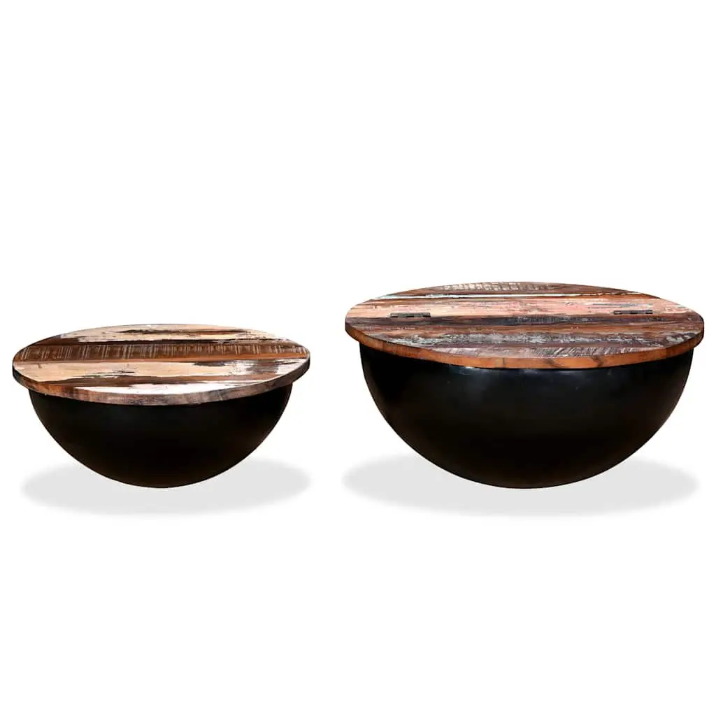 Coffee Table Set 2 Pieces Solid Reclaimed Wood Bowl Shape Black Industrial