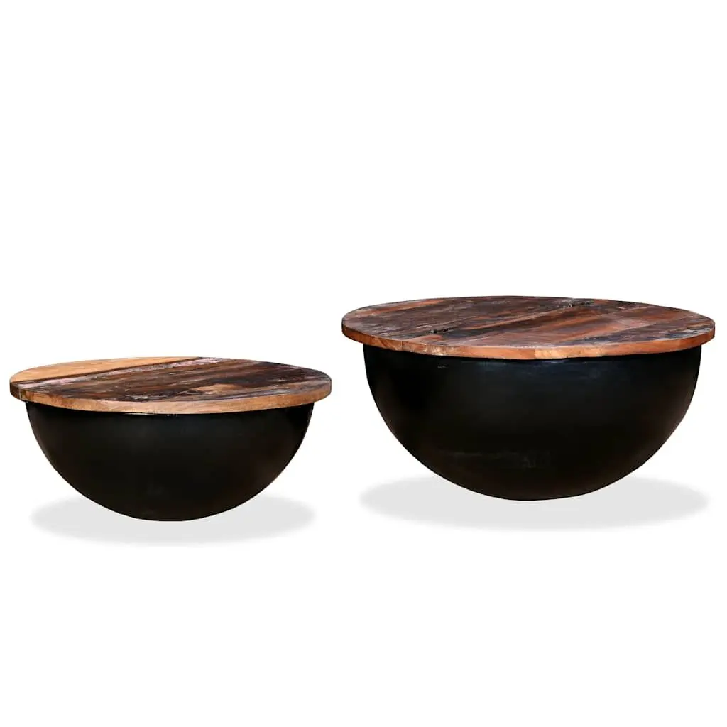 Coffee Table Set 2 Pieces Solid Reclaimed Wood Bowl Shape Black Industrial