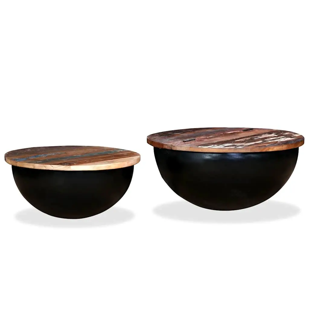 Coffee Table Set 2 Pieces Solid Reclaimed Wood Bowl Shape Black Industrial