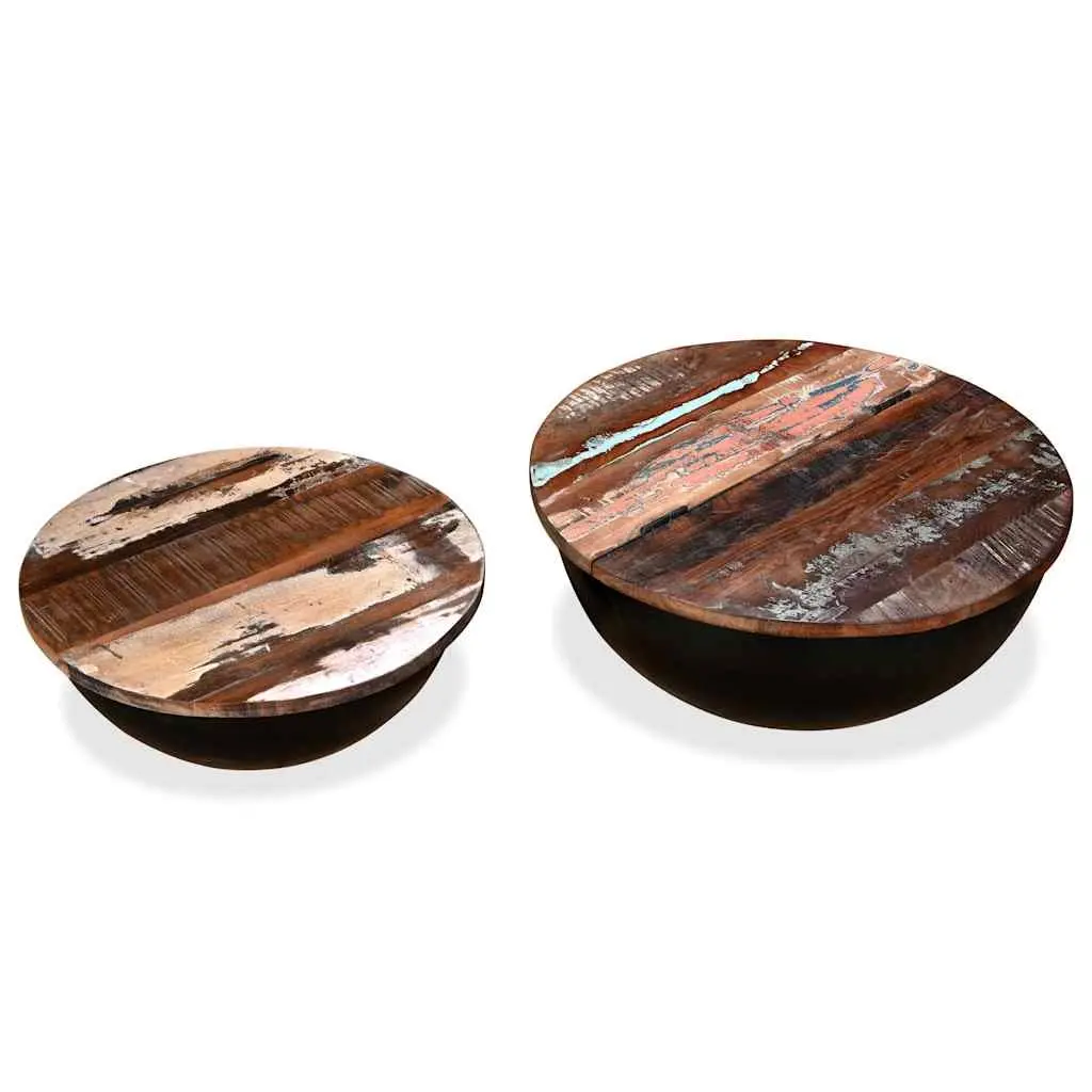 Coffee Table Set 2 Pieces Solid Reclaimed Wood Bowl Shape Black Industrial