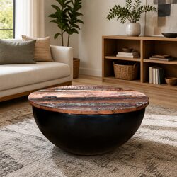 Solid Reclaimed Wood Coffee Table with Bowl-Shaped Steel Base