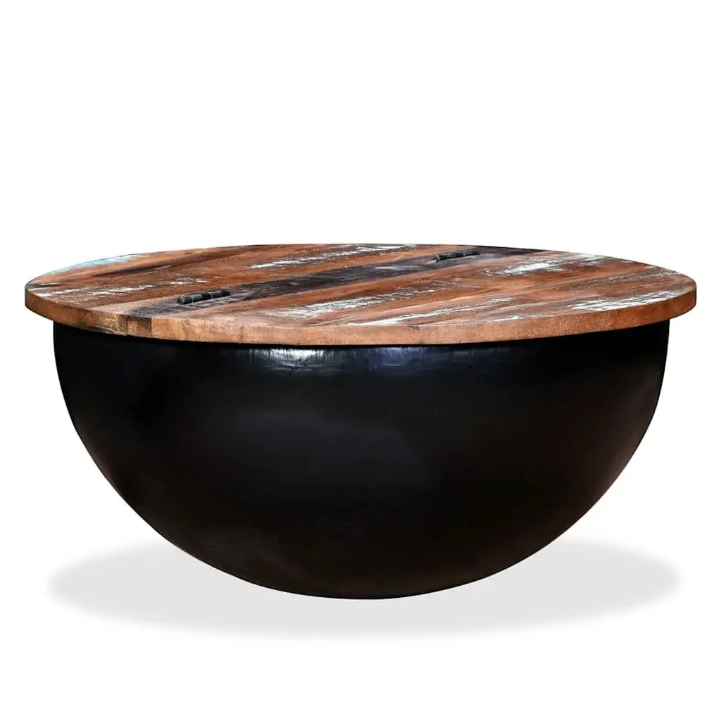 Solid Reclaimed Wood Coffee Table with Bowl-Shaped Steel Base