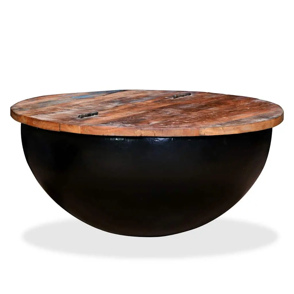Solid Reclaimed Wood Coffee Table with Bowl-Shaped Steel Base