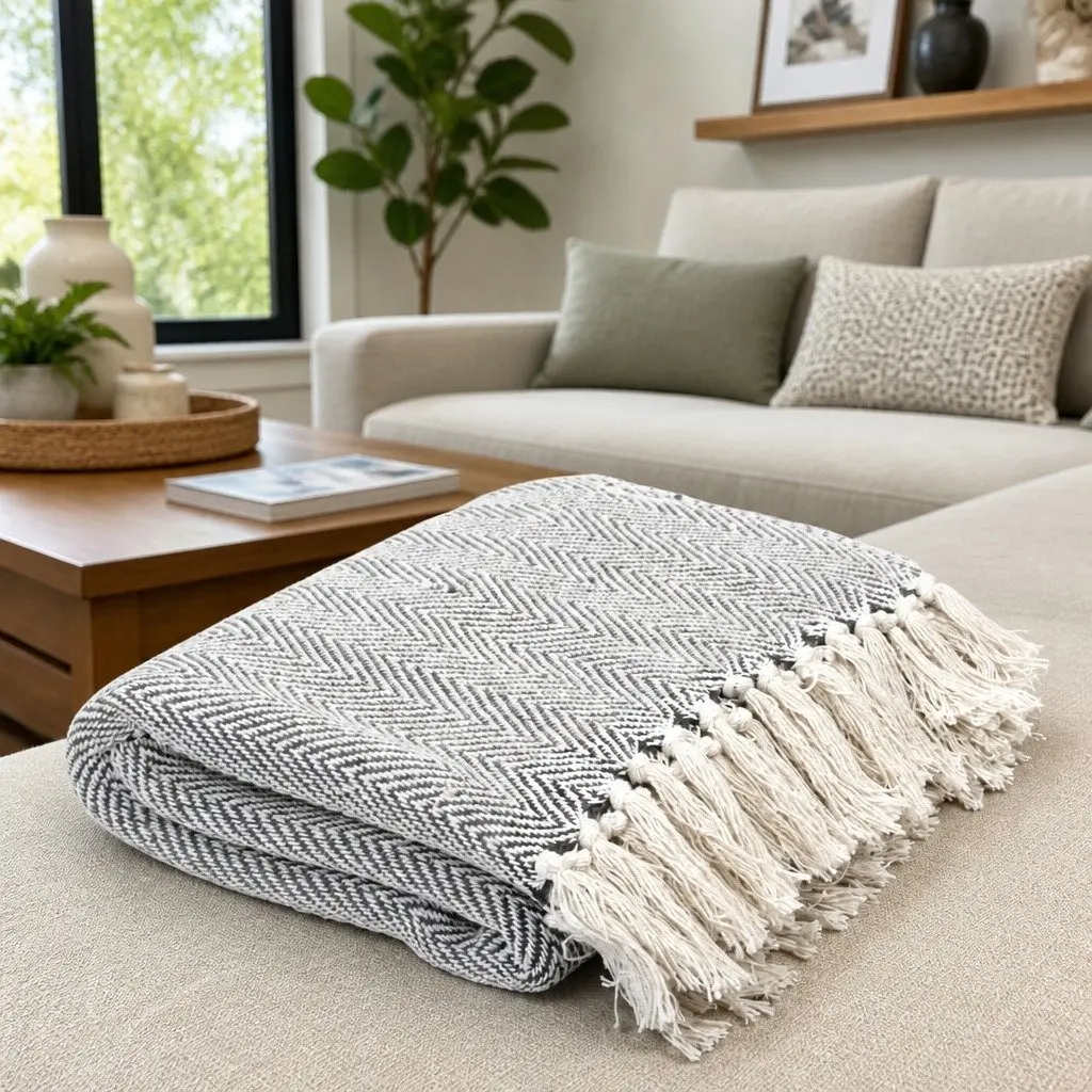 Herringbone Cotton Throw Blanket in Grey 125x150 cm
