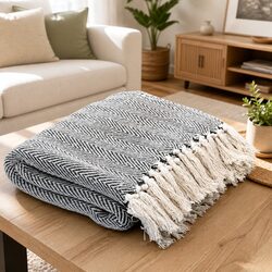 Navy Blue Herringbone Cotton Throw Blanket with Tassels