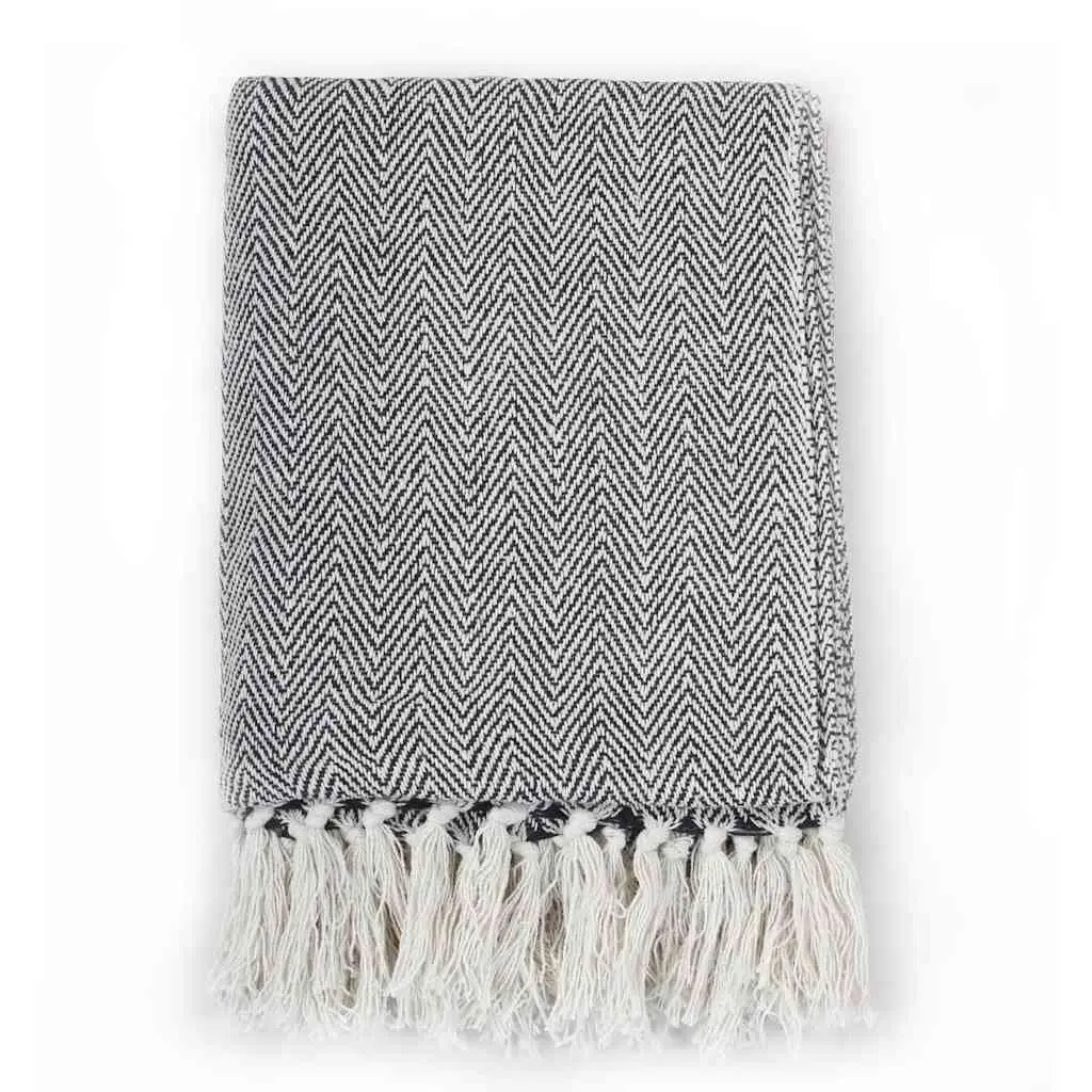 Navy Blue Herringbone Cotton Throw Blanket with Tassels