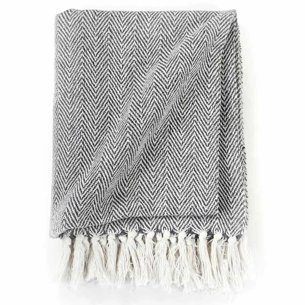 Navy Blue Herringbone Cotton Throw Blanket with Tassels