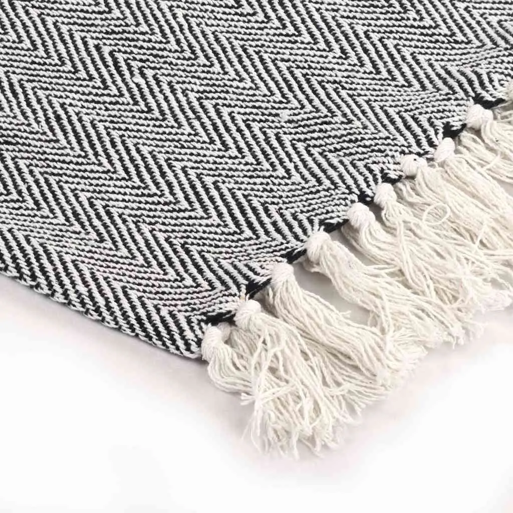 Navy Blue Herringbone Cotton Throw Blanket with Tassels