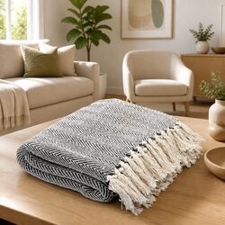 Premium Navy Blue Cotton Herringbone Throw Blanket 160x210cm