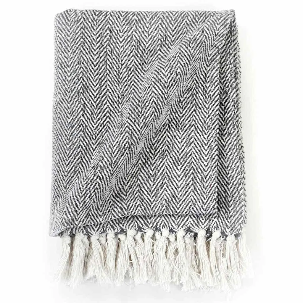 Navy Blue Cotton Herringbone Throw Blanket 160x210cm