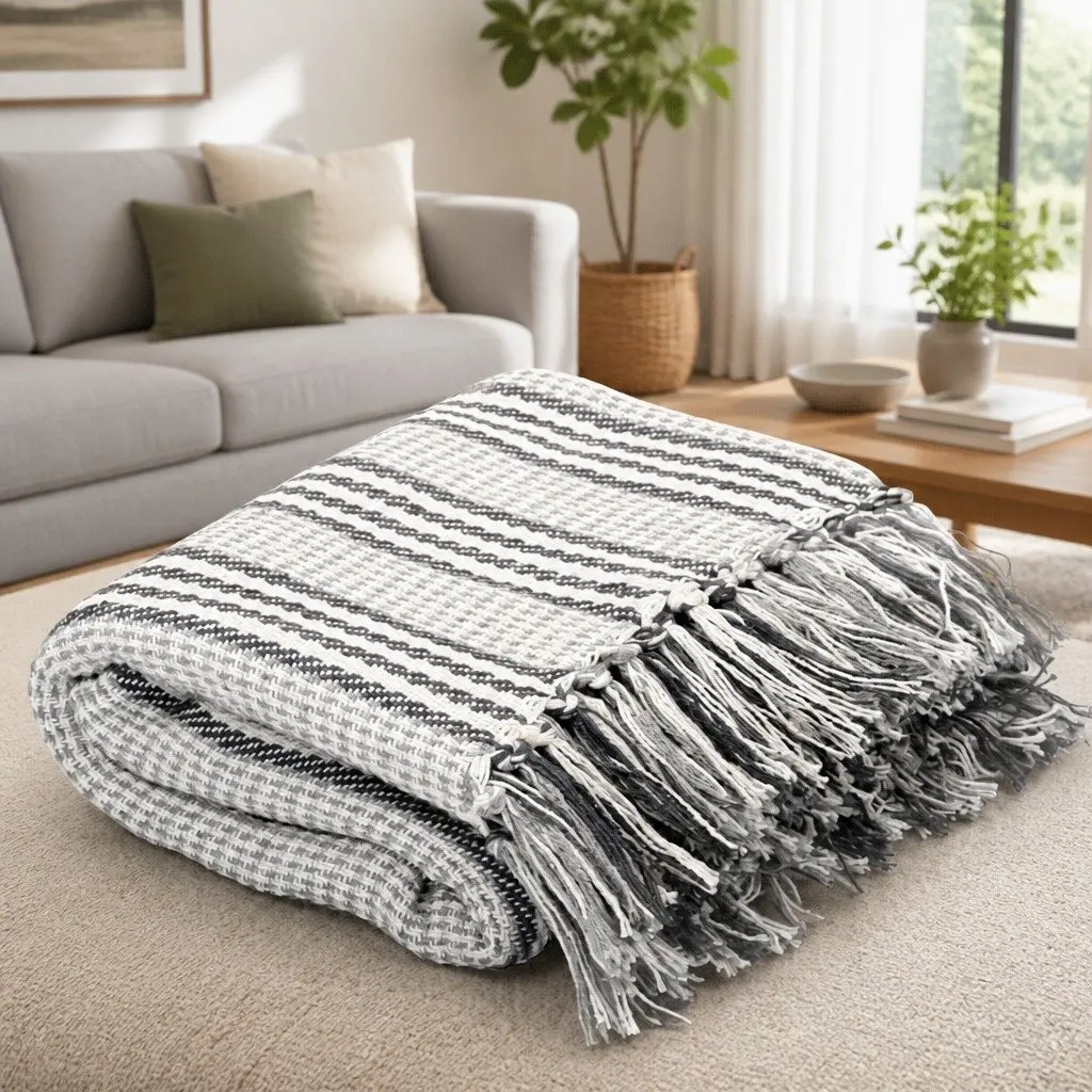 Soft Cotton Throw Blanket with Stripes and Tassels